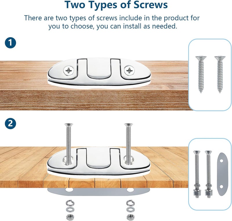 DEDU 4-1/2" Folding Boat Cleat 316 Stainless Steel, Marine Flip Up Dock Cleat 2 Holes, Boat Folding Cleat 6 Inch with Fasteners and Back Plates for Dock Lines Mooring Accessories (4 Pack) - Image 4